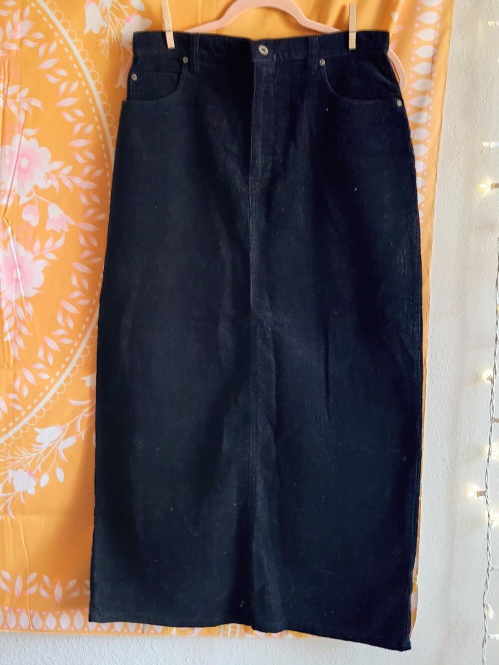 Vintage 90s Sonoma Black Plush Cotton Corduroy High Waisted Maxi Skirt Size 12
